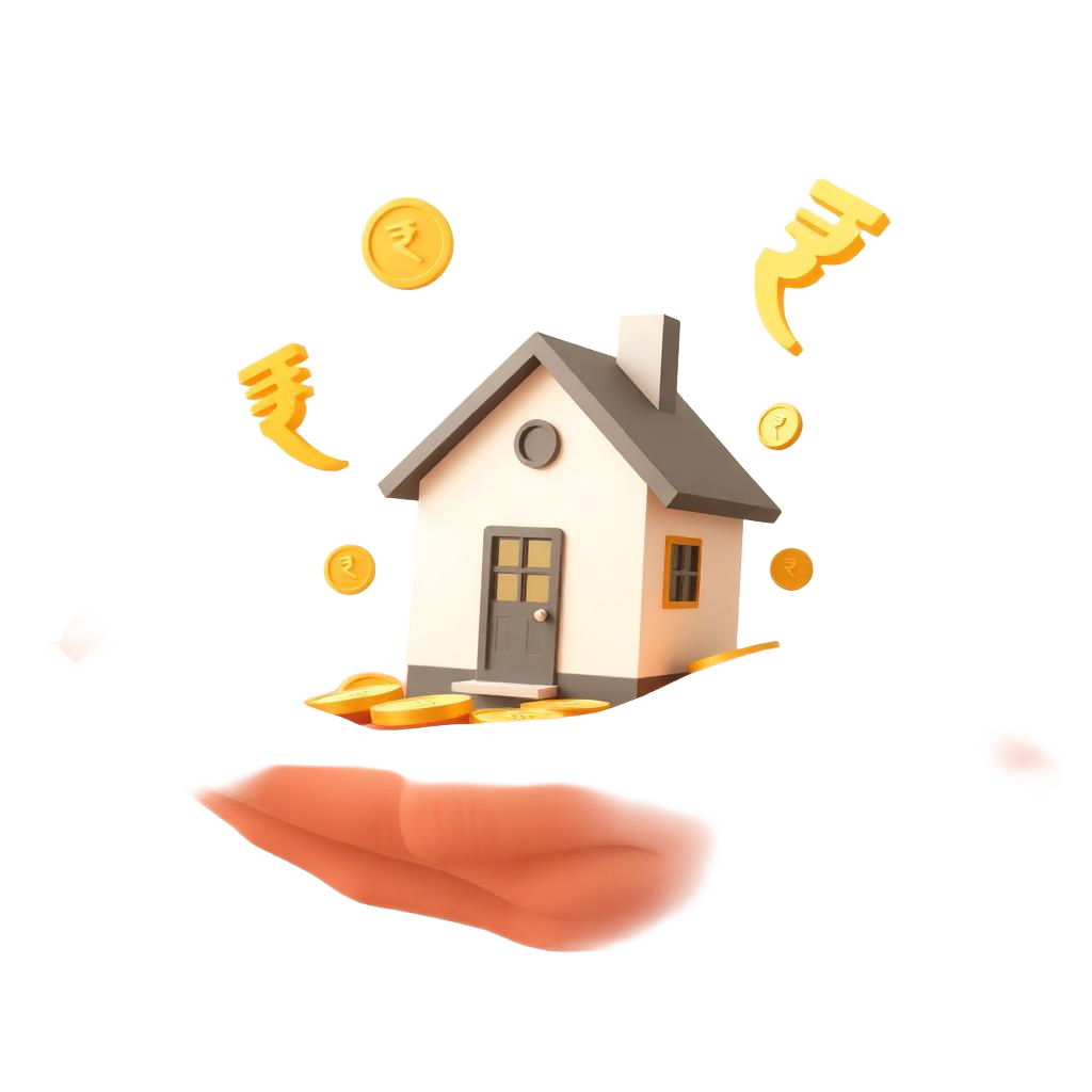 Hand holding a house with rupee coins
